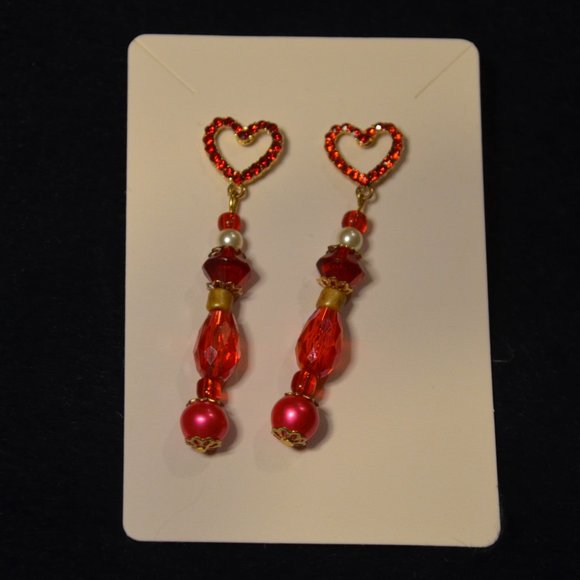 Red Rhinestones Hearts Red, White, & Gold Beaded Hanging Gold Stud Earrings - Picture 2 of 6